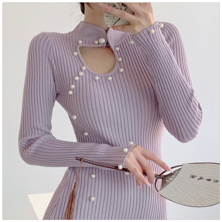 Package hip knitted overcoat beading bottoming cheongsam