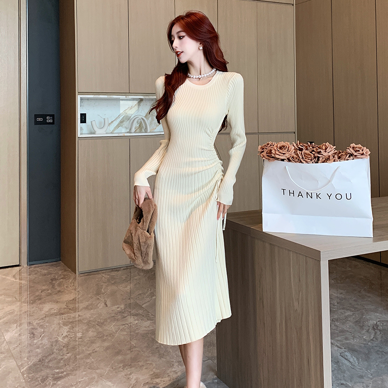 Drawstring bottoming dress slim sweater dress for women