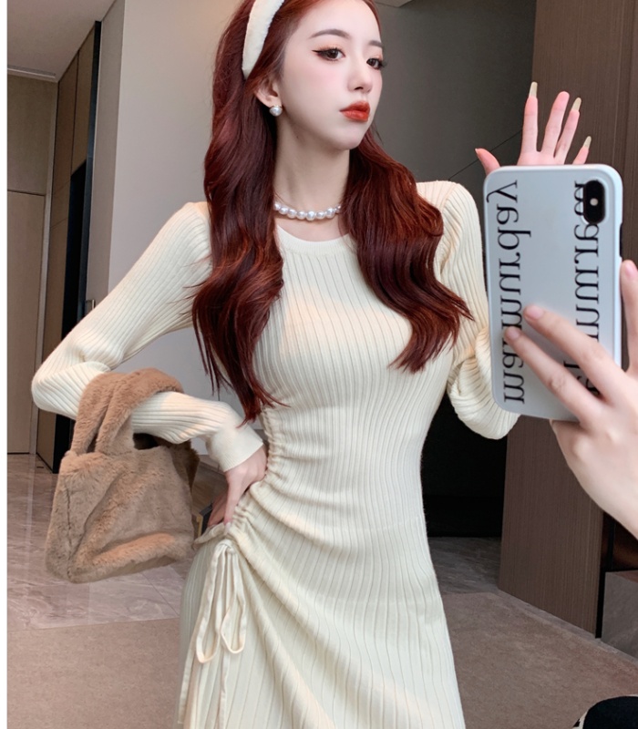 Drawstring bottoming dress slim sweater dress for women