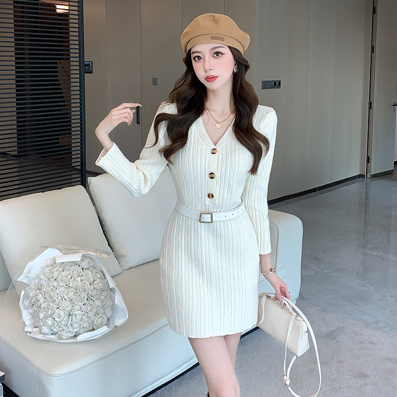 Package hip knitted pinched waist France style tender dress