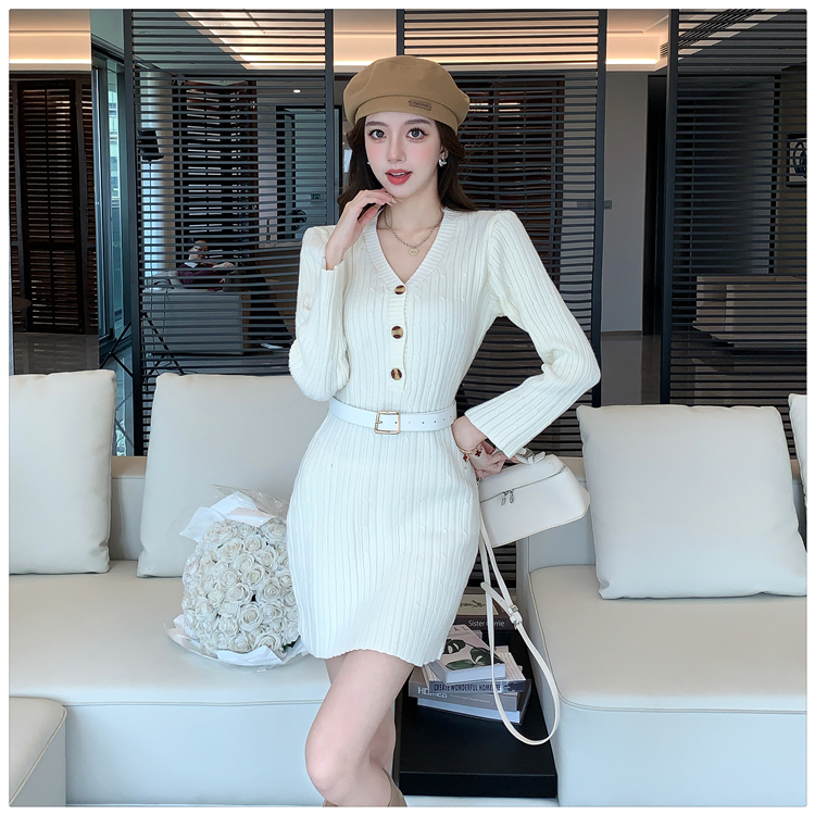 Package hip knitted pinched waist France style tender dress