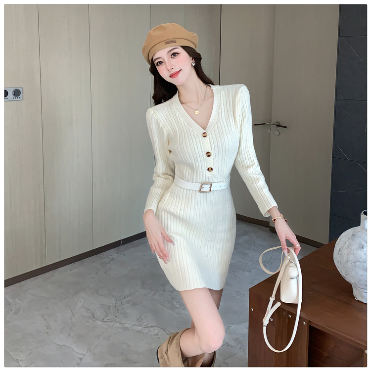 Package hip knitted pinched waist France style tender dress