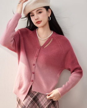 Gradient wears outside cardigan pink sweater