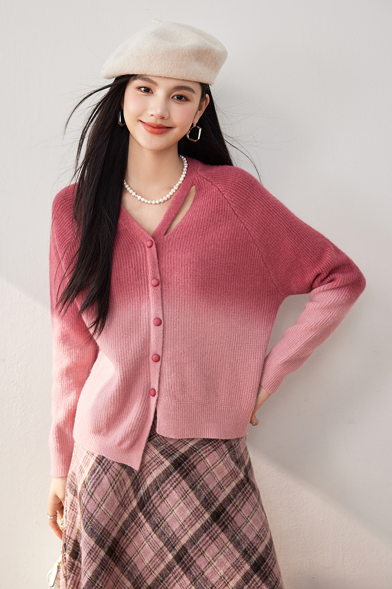 Gradient wears outside cardigan pink sweater