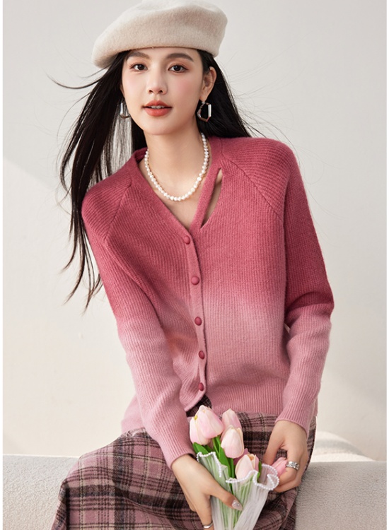 Gradient wears outside cardigan pink sweater