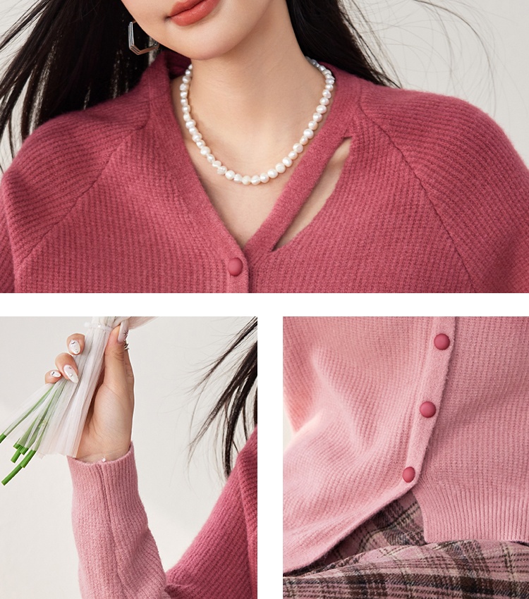 Gradient wears outside cardigan pink sweater