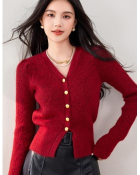 Puff sleeve V-neck knitted sweater retro winter cardigan