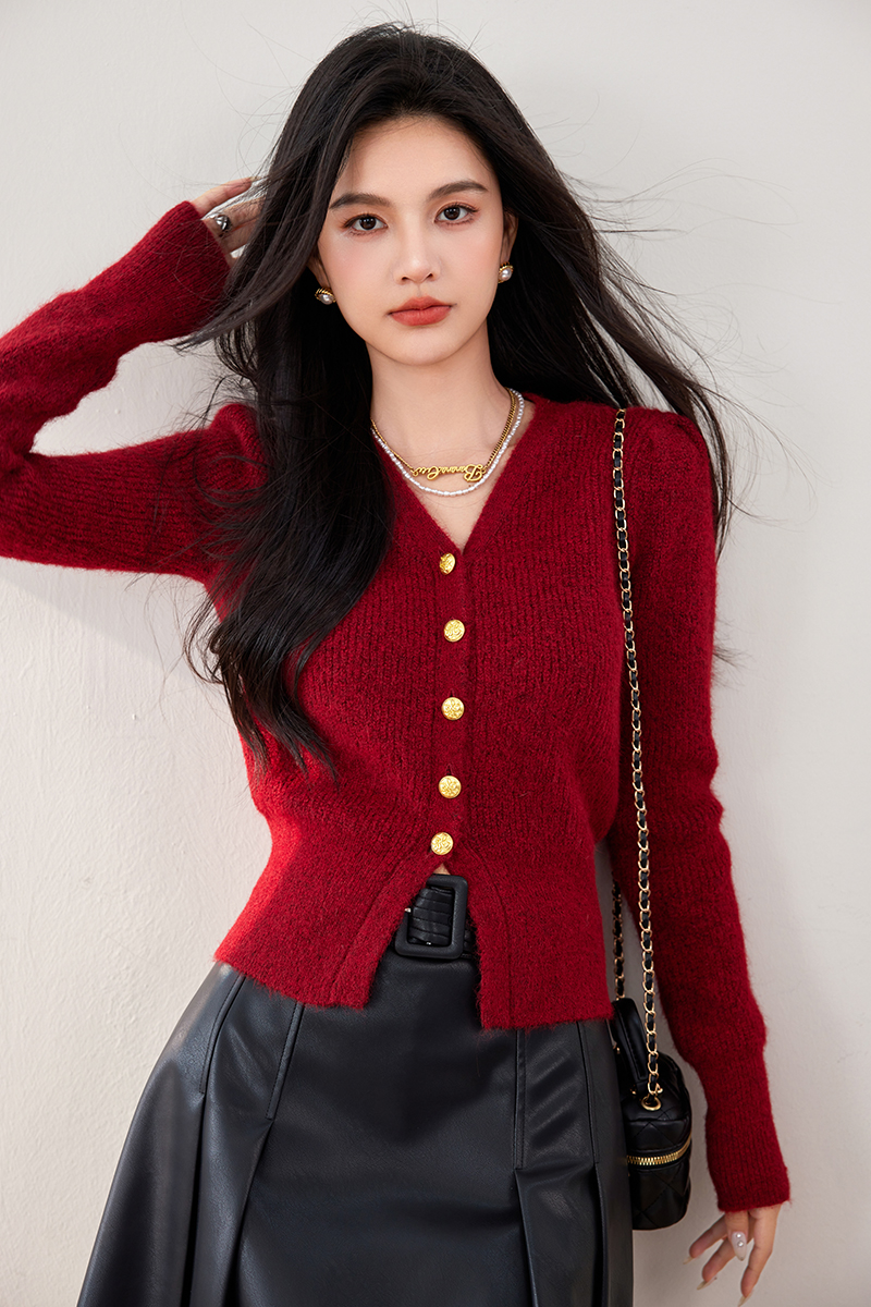 Puff sleeve V-neck knitted sweater retro winter cardigan