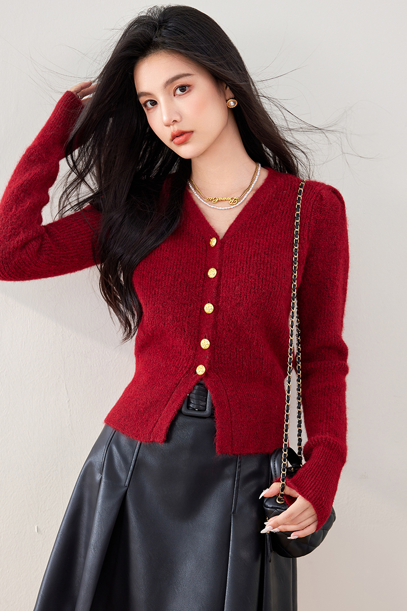 Puff sleeve V-neck knitted sweater retro winter cardigan