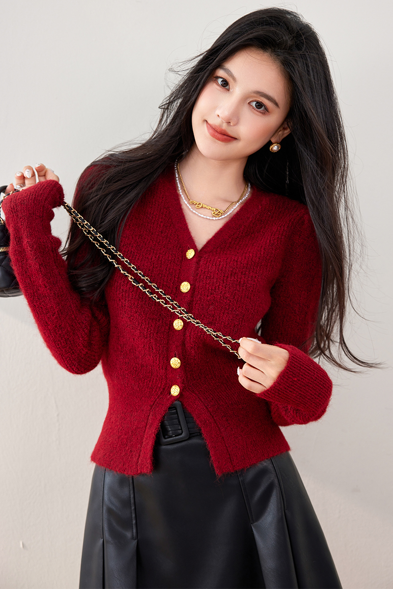 Puff sleeve V-neck knitted sweater retro winter cardigan