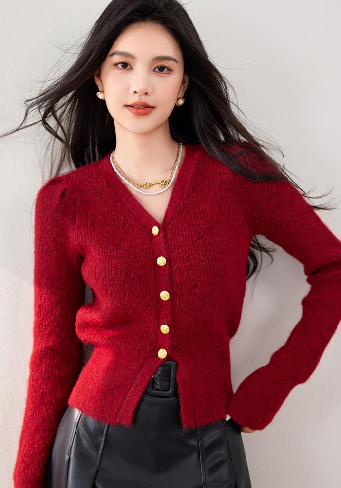 Puff sleeve V-neck knitted sweater retro winter cardigan