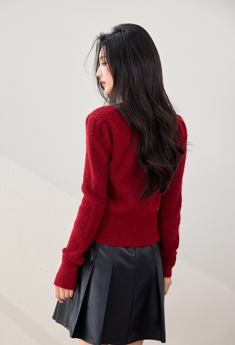 Puff sleeve V-neck knitted sweater retro winter cardigan