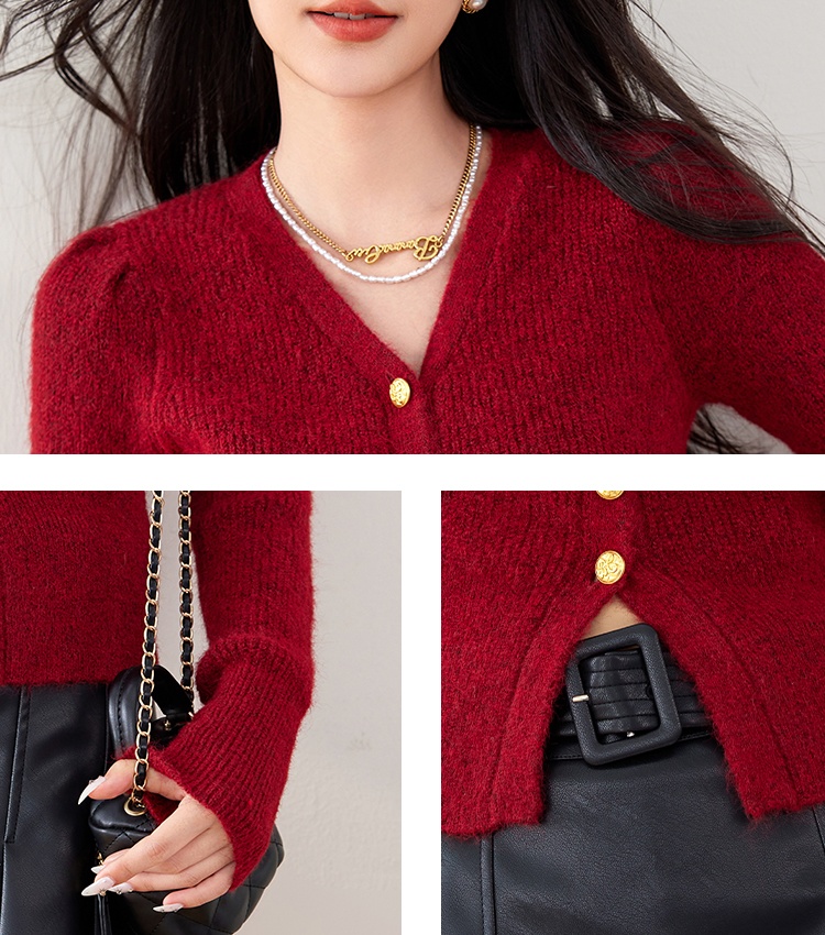 Puff sleeve V-neck knitted sweater retro winter cardigan