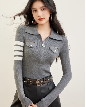 Long sleeve zip spring tops stripe slim sweater