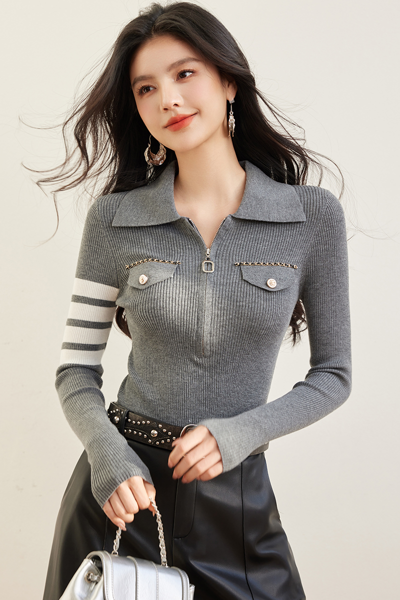 Long sleeve zip spring tops stripe slim sweater