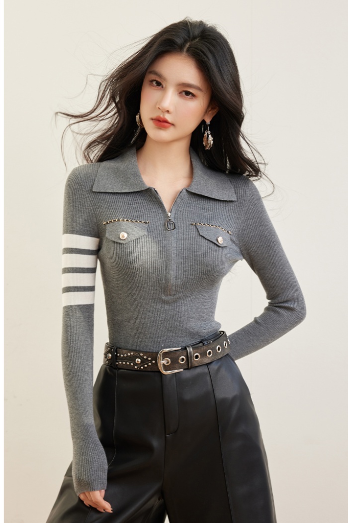 Long sleeve zip spring tops stripe slim sweater