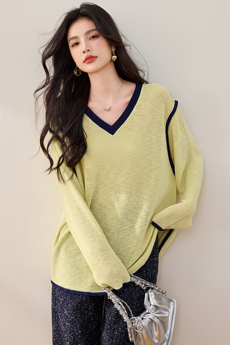 Long sleeve loose spring sweater mixed colors lazy tops