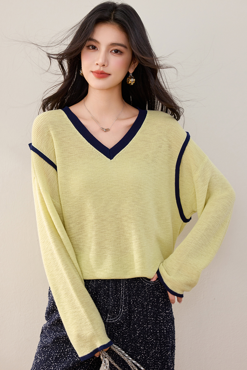 Long sleeve loose spring sweater mixed colors lazy tops