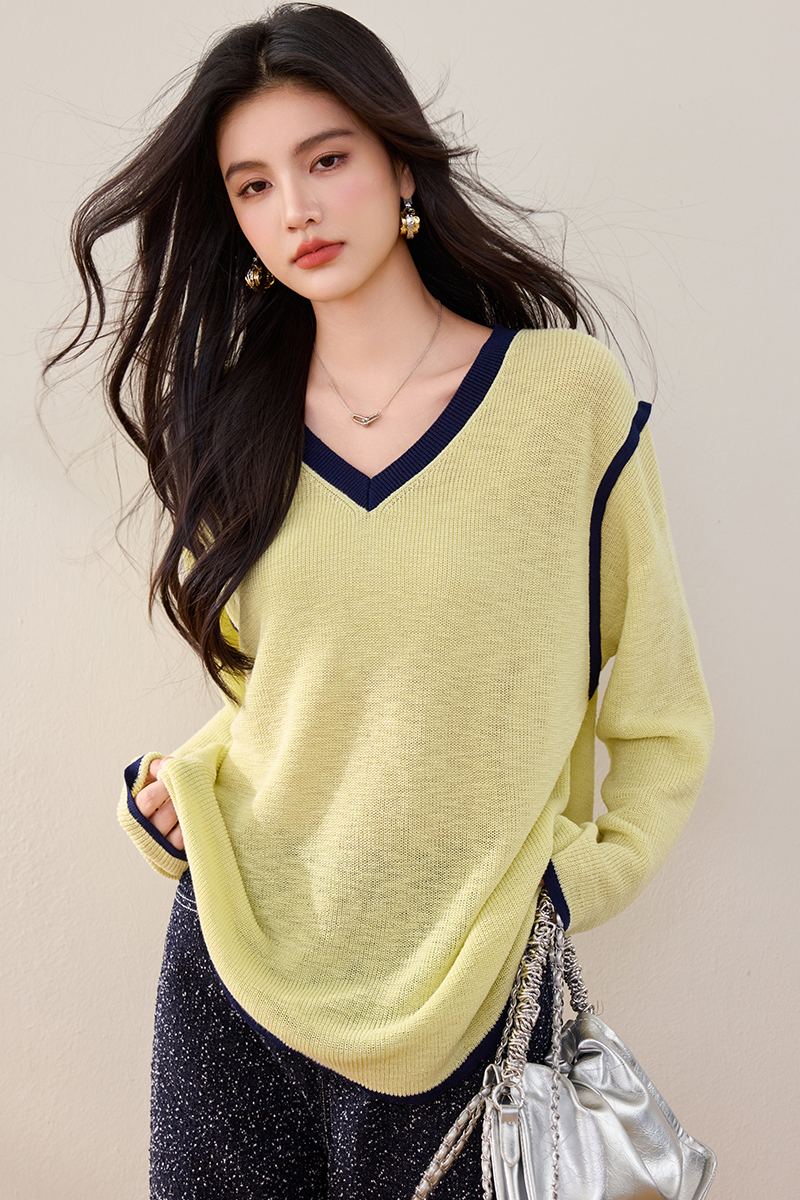 Long sleeve loose spring sweater mixed colors lazy tops