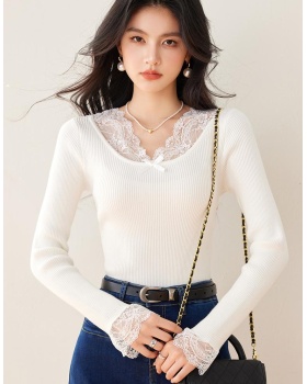 V-neck slim lace sweater France style splice tops