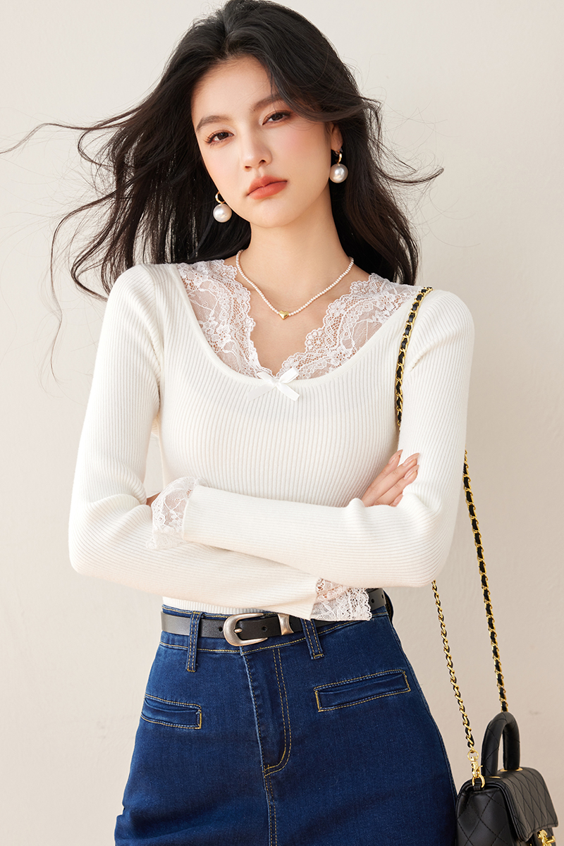 V-neck slim lace sweater France style splice tops