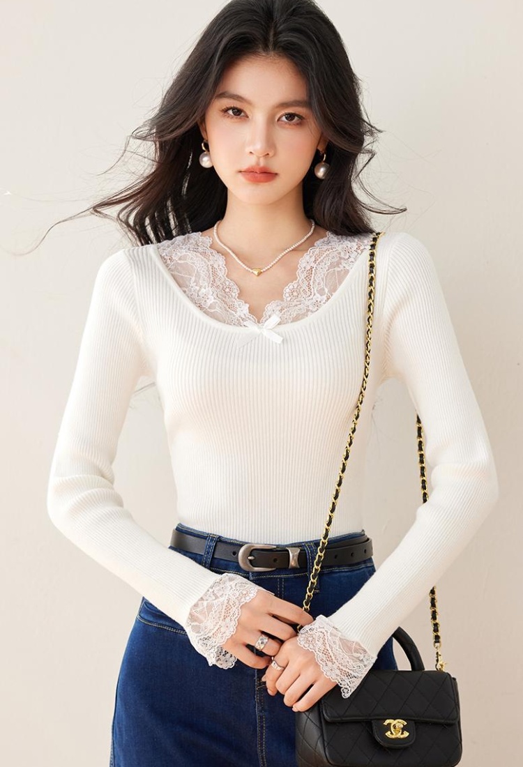 V-neck slim lace sweater France style splice tops