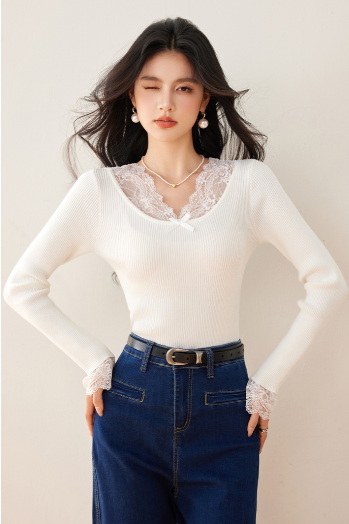 V-neck slim lace sweater France style splice tops