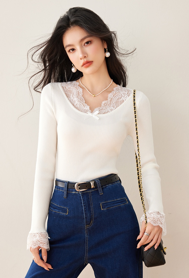 V-neck slim lace sweater France style splice tops