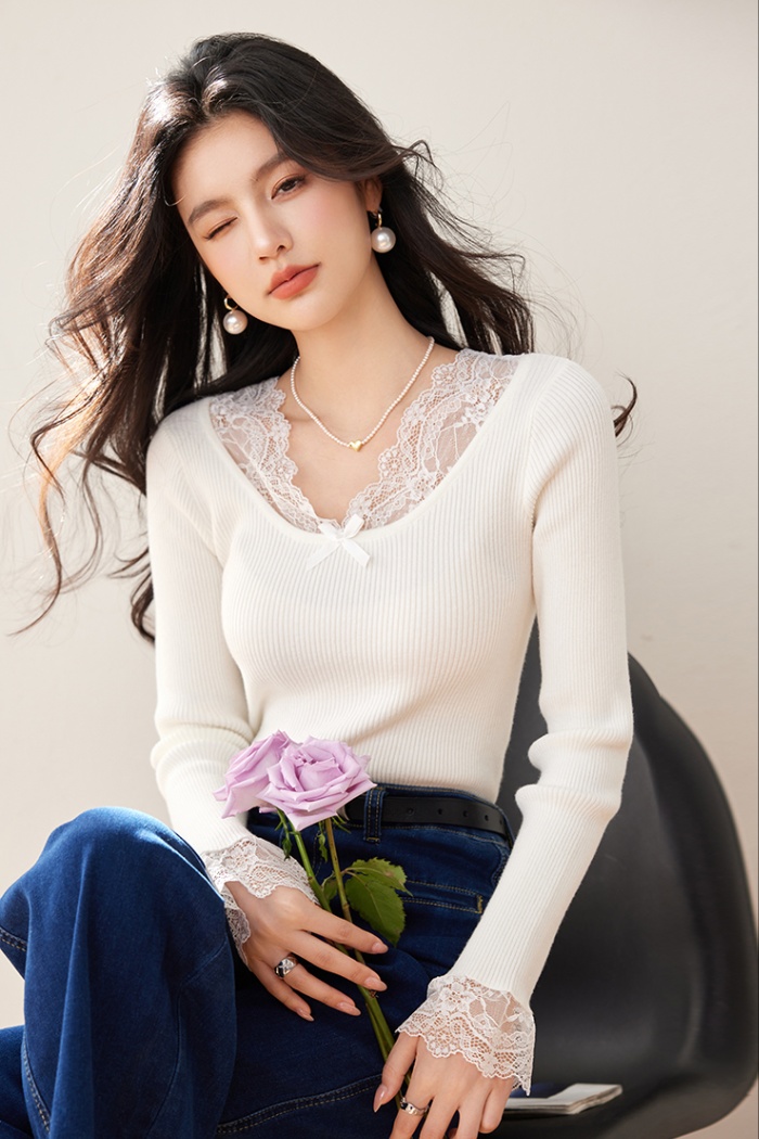 V-neck slim lace sweater France style splice tops