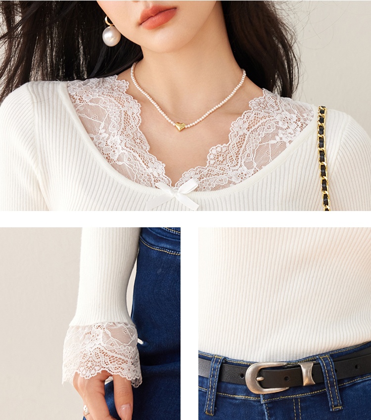 V-neck slim lace sweater France style splice tops