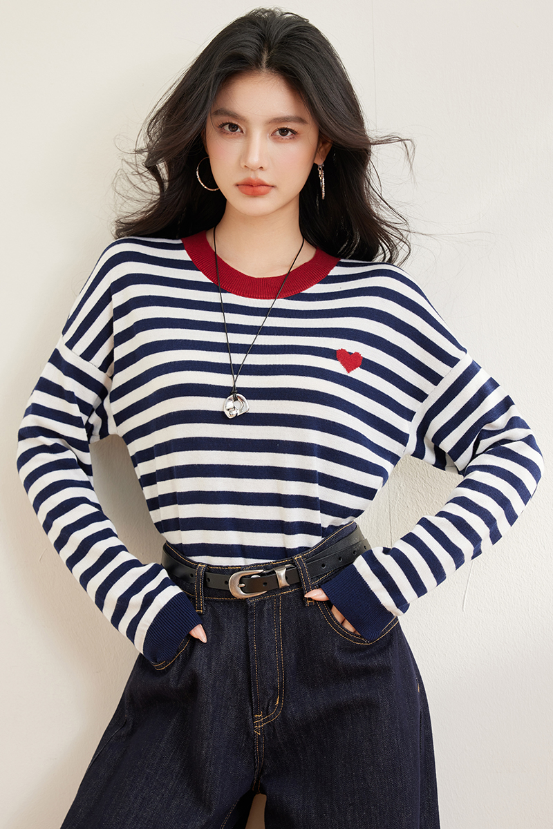 Wool blending stripe sweater heart navy style shirts