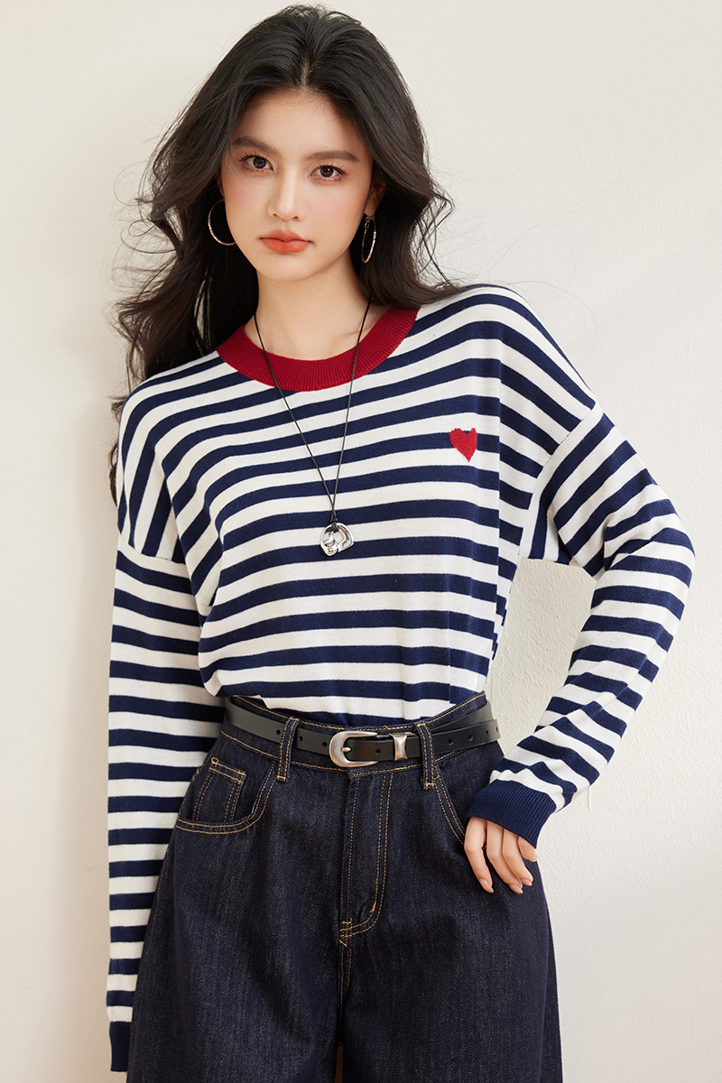 Wool blending stripe sweater heart navy style shirts