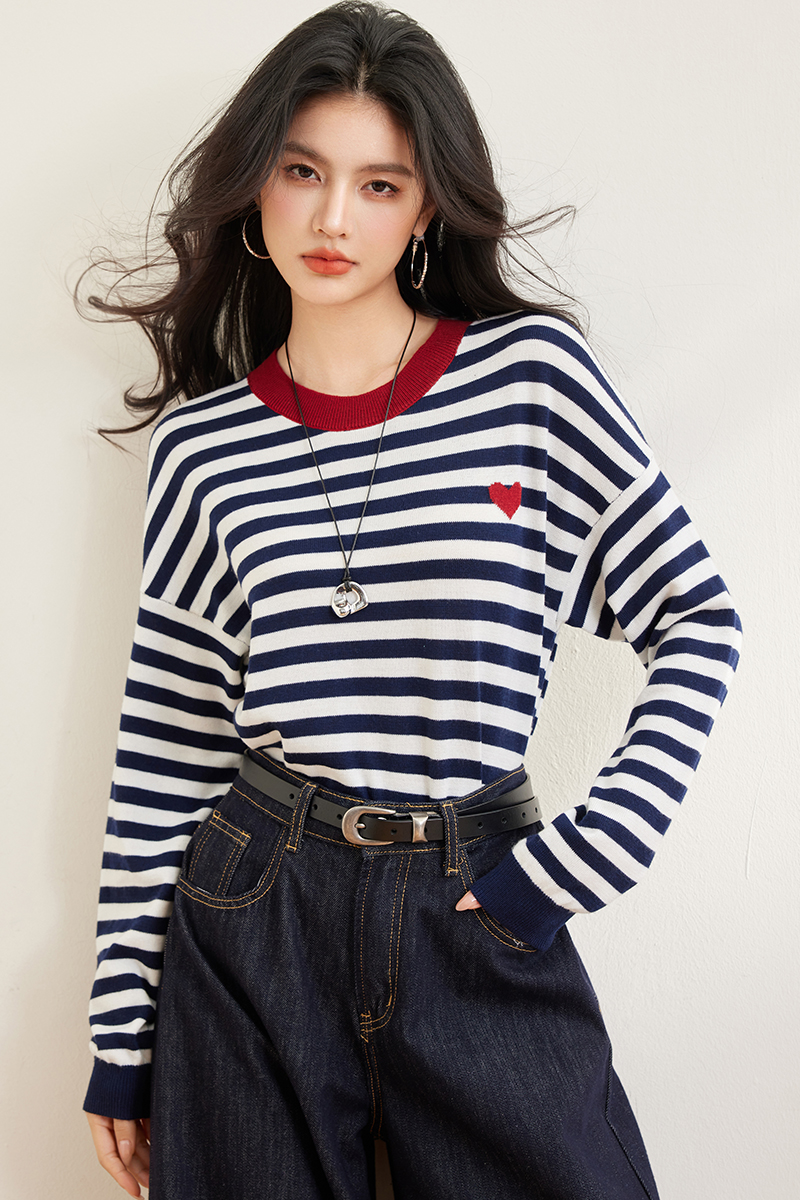 Wool blending stripe sweater heart navy style shirts