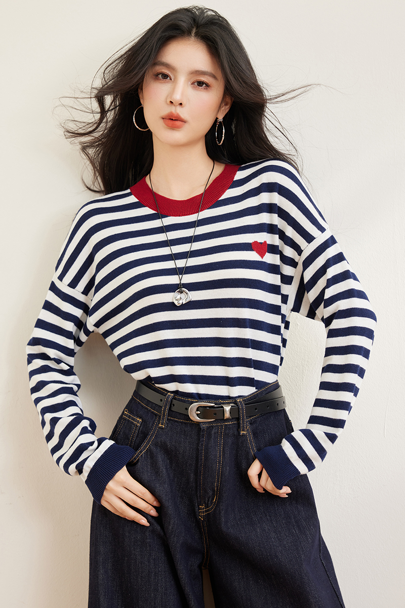 Wool blending stripe sweater heart navy style shirts