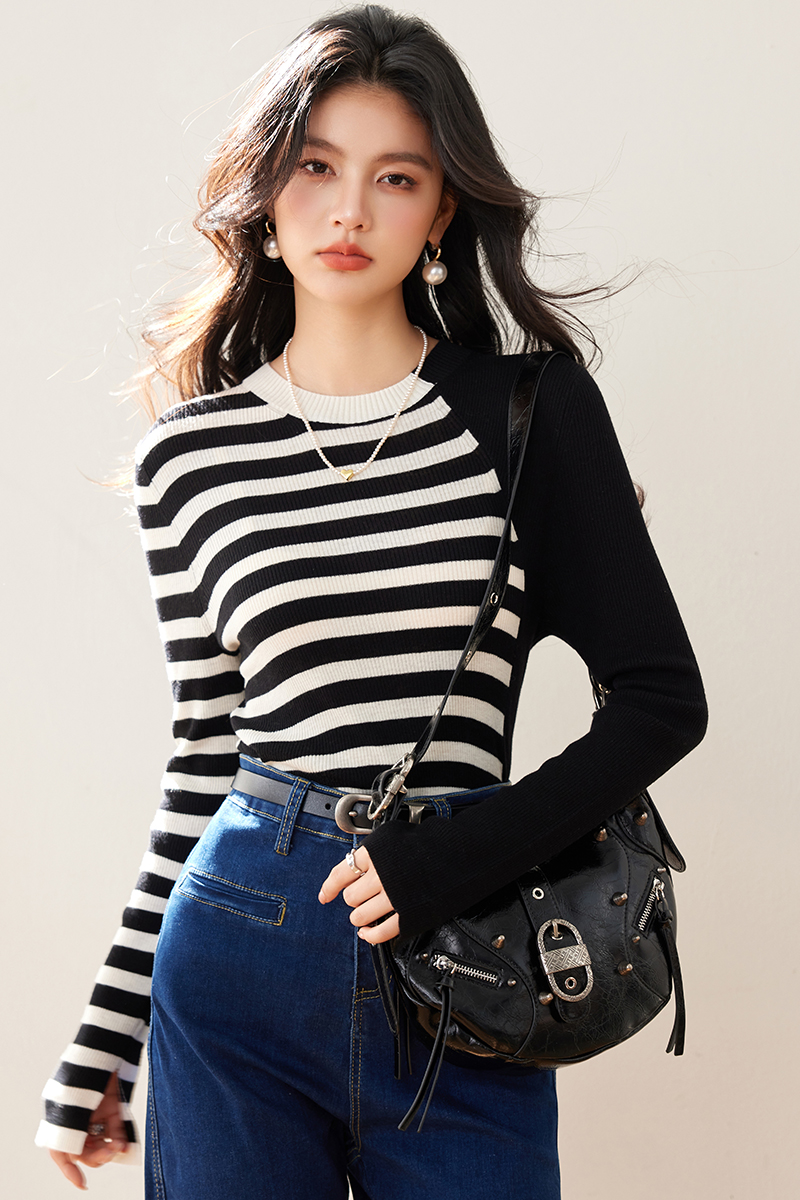 Slim splice spring elasticity stripe bottoming shirt