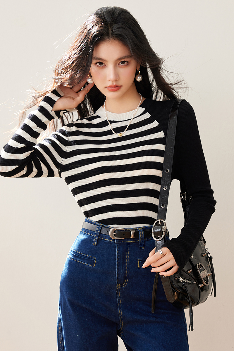 Slim splice spring elasticity stripe bottoming shirt