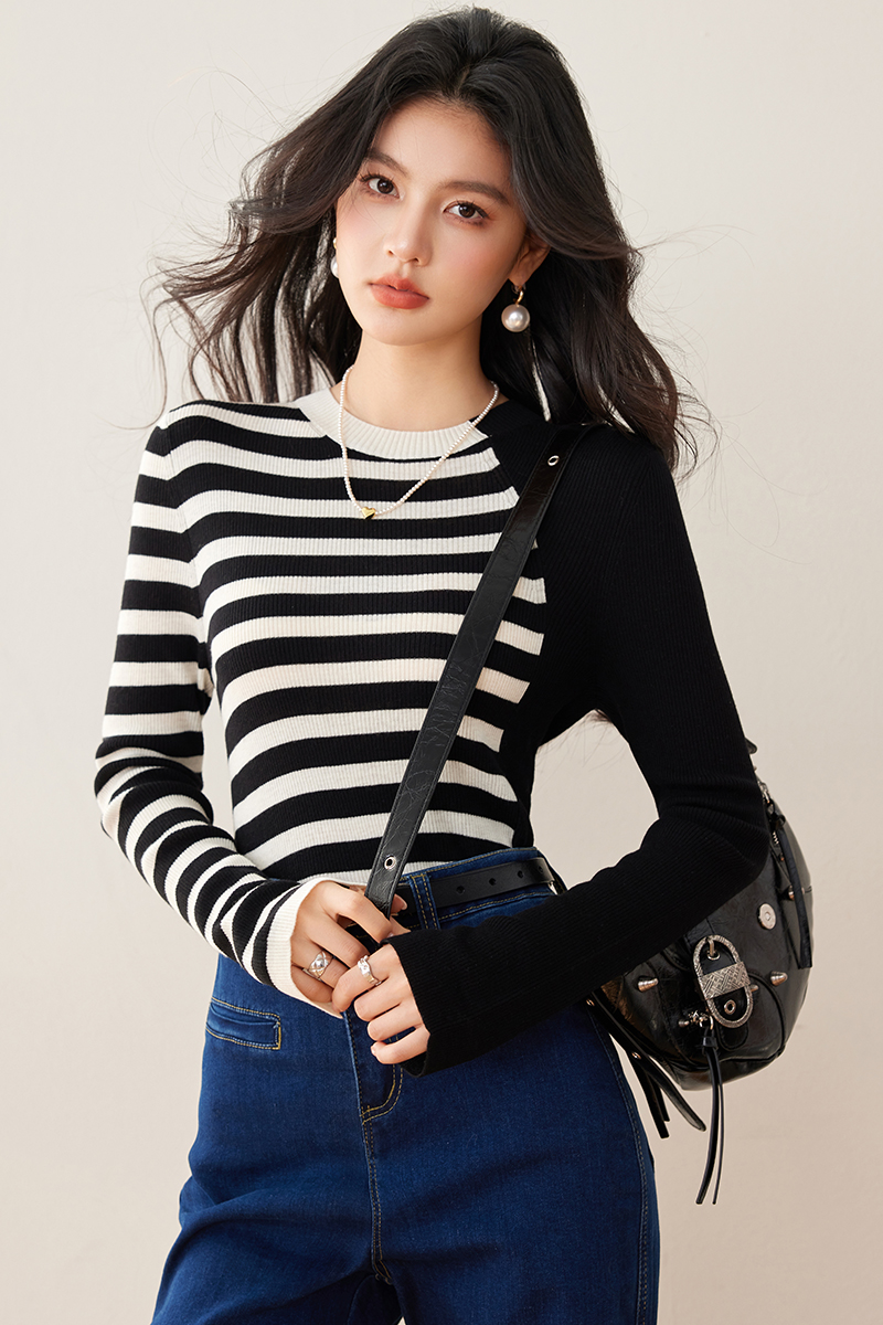 Slim splice spring elasticity stripe bottoming shirt