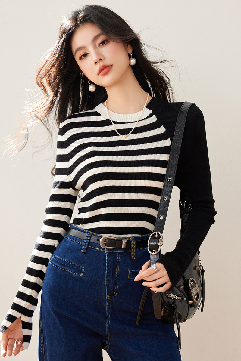 Slim splice spring elasticity stripe bottoming shirt