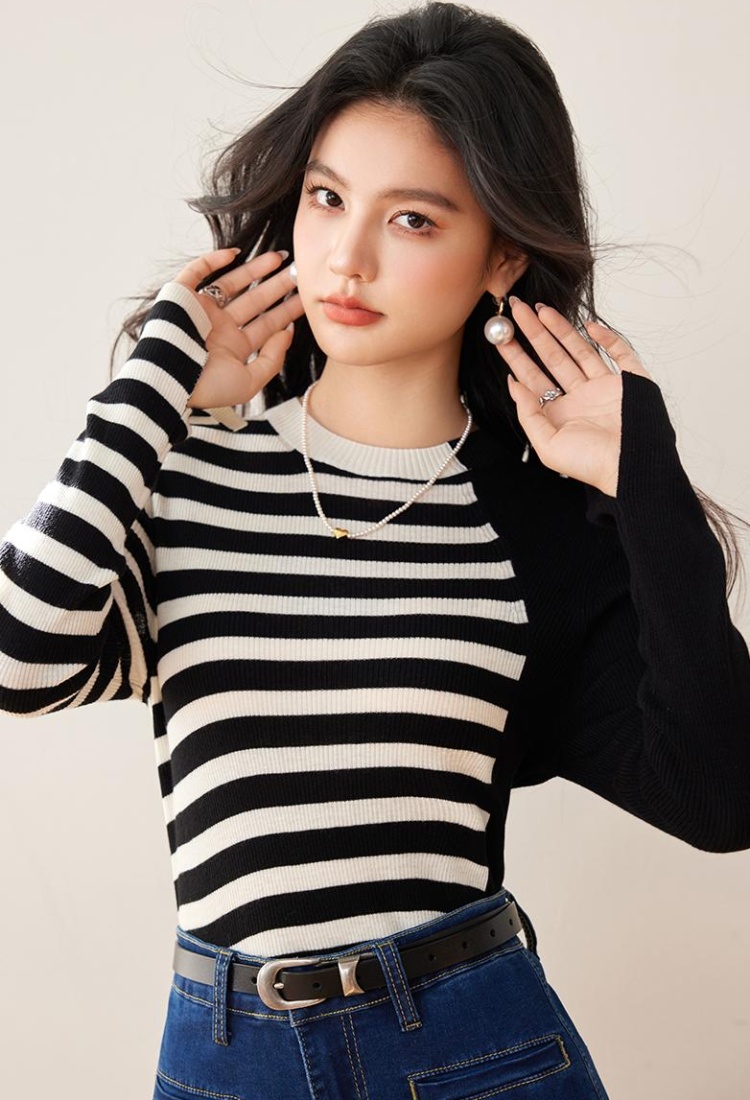 Slim splice spring elasticity stripe bottoming shirt