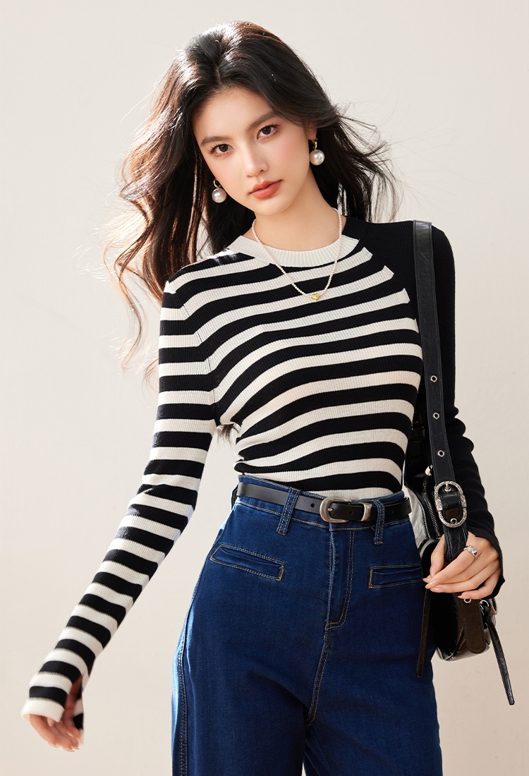 Slim splice spring elasticity stripe bottoming shirt