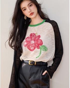 Loose Casual printing tops flowers splice long sleeve sweater