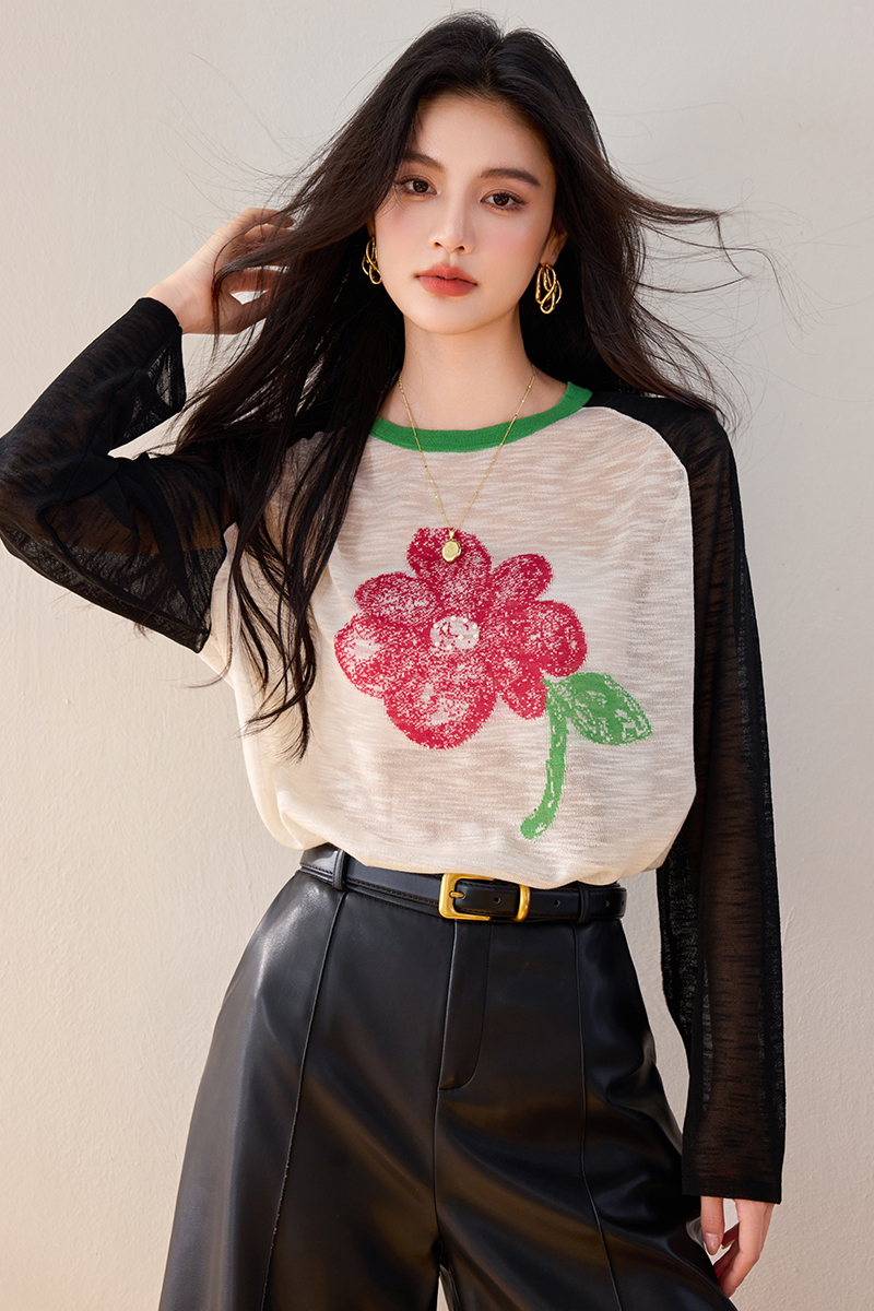 Loose Casual printing tops flowers splice long sleeve sweater