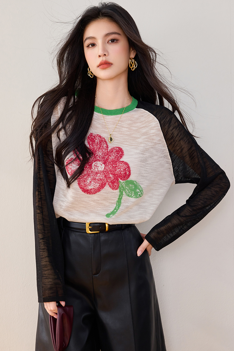 Loose Casual printing tops flowers splice long sleeve sweater