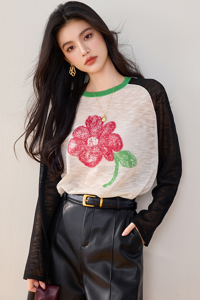 Loose Casual printing tops flowers splice long sleeve sweater