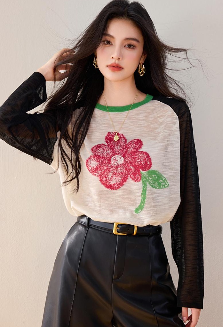 Loose Casual printing tops flowers splice long sleeve sweater