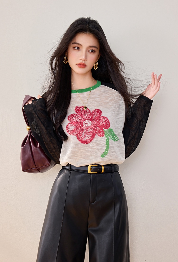 Loose Casual printing tops flowers splice long sleeve sweater