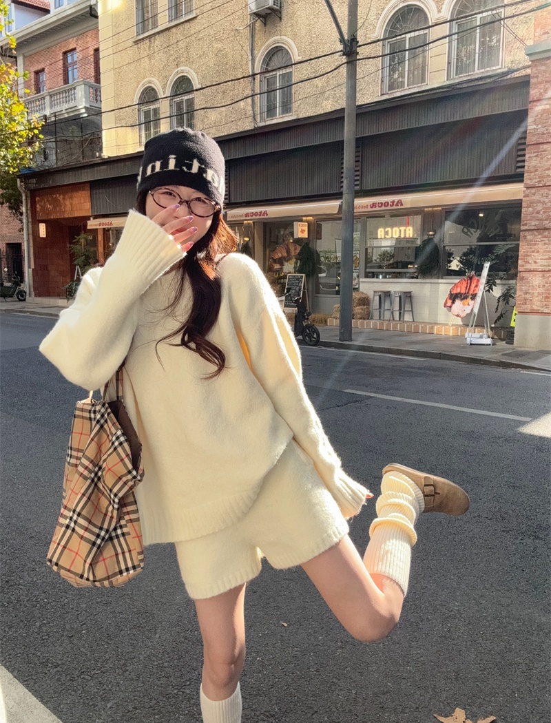 Casual knitted pants round neck shorts 2pcs set