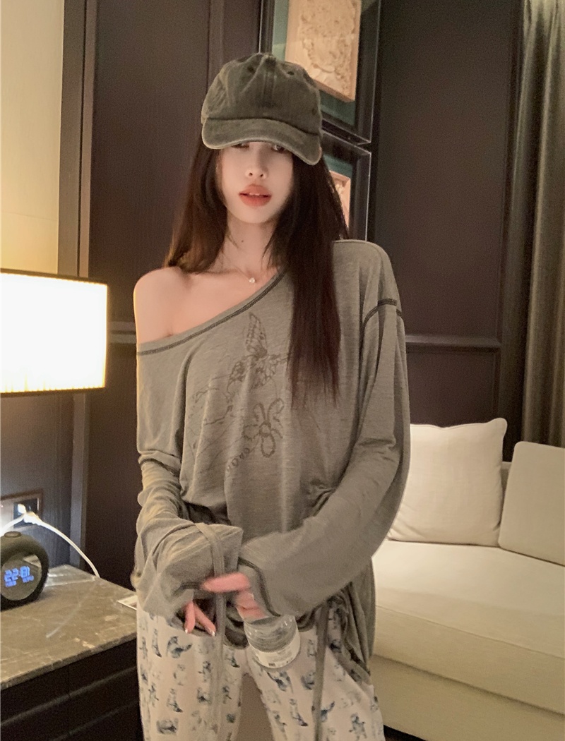 Strapless loose slim T-shirt long sleeve lazy tops for women