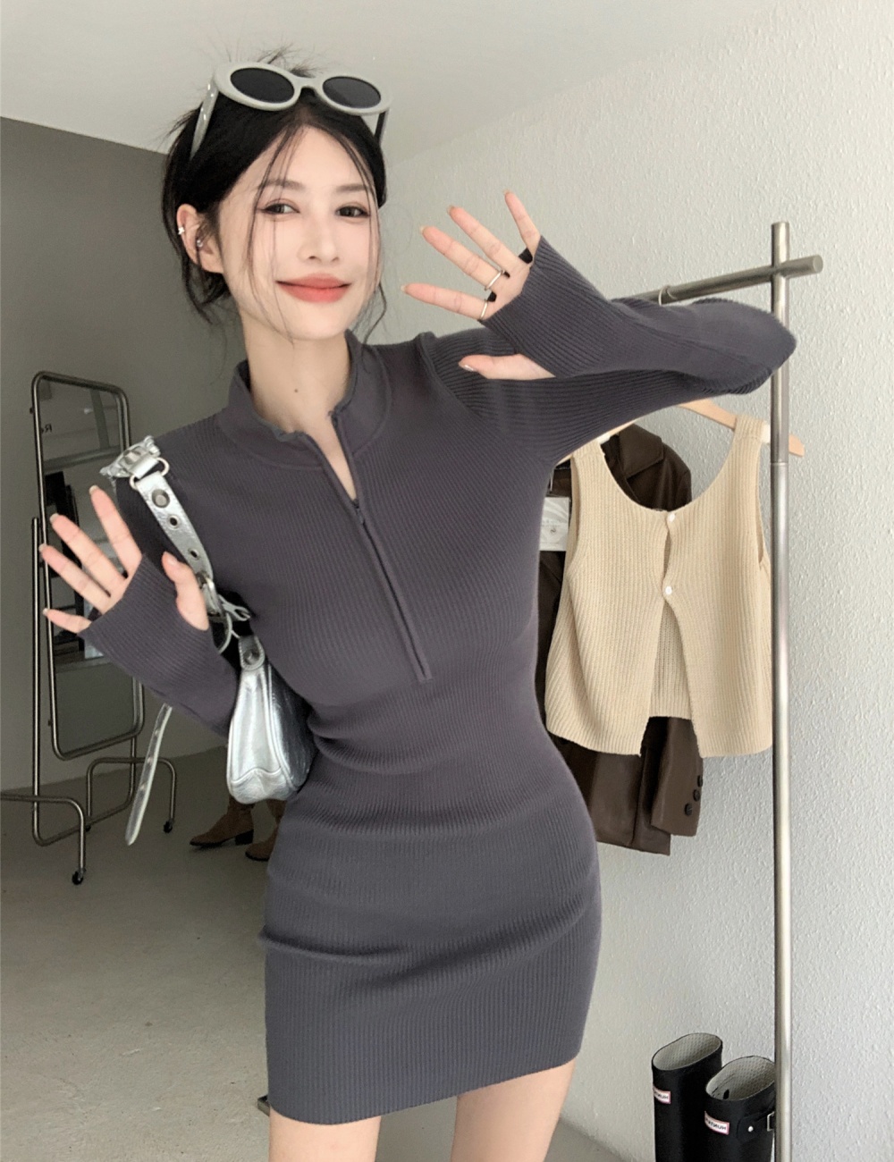 Slim tight package hip winter zip knitted dress for women