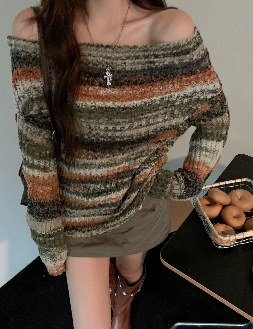 Strapless mixed color short long sleeve sweater for women